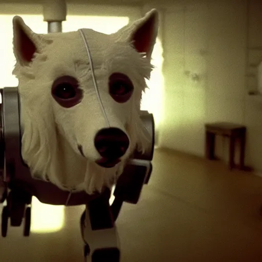 Prompt: movie still of robot white swiss shepperd dog cyborg, cinematic composition, cinematic light, criterion collection, by edgar wright