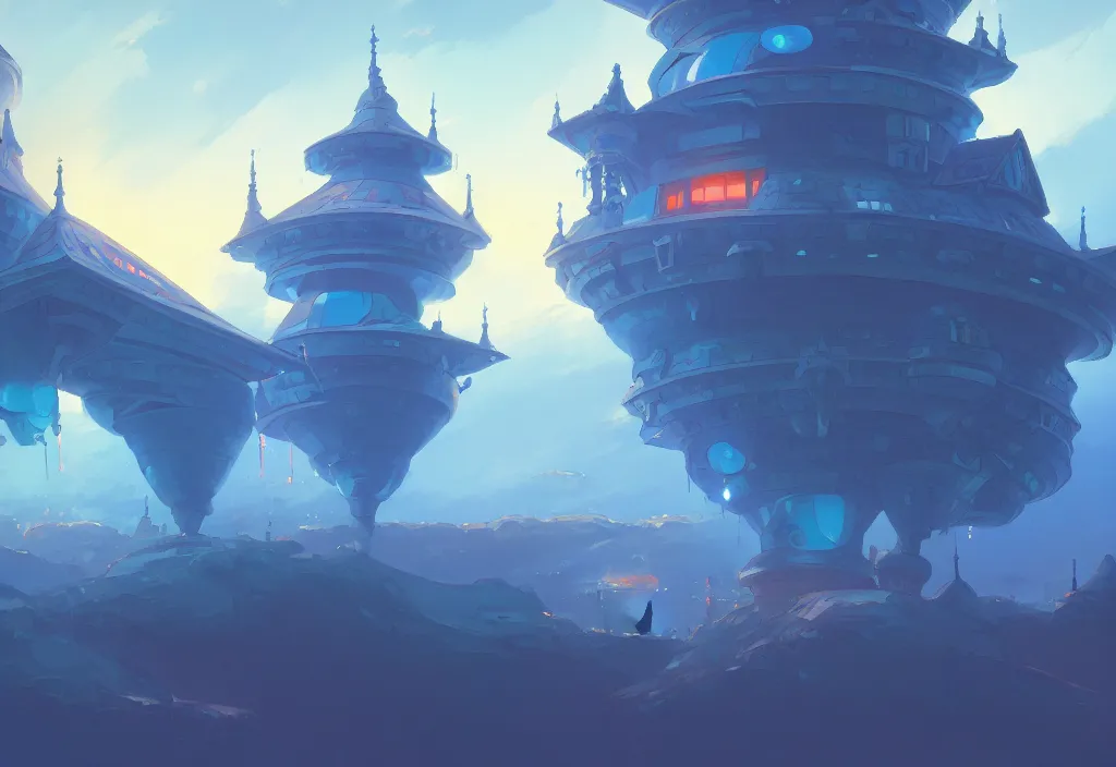 Image similar to a small chubby blue futuristic castle at dawn, intricate oil painting, high detail illustration, sharp high detail, manga and anime 1 9 9 9, official fanart behance hd artstation by jesper ejsing and makoto shinkai, 4 k,