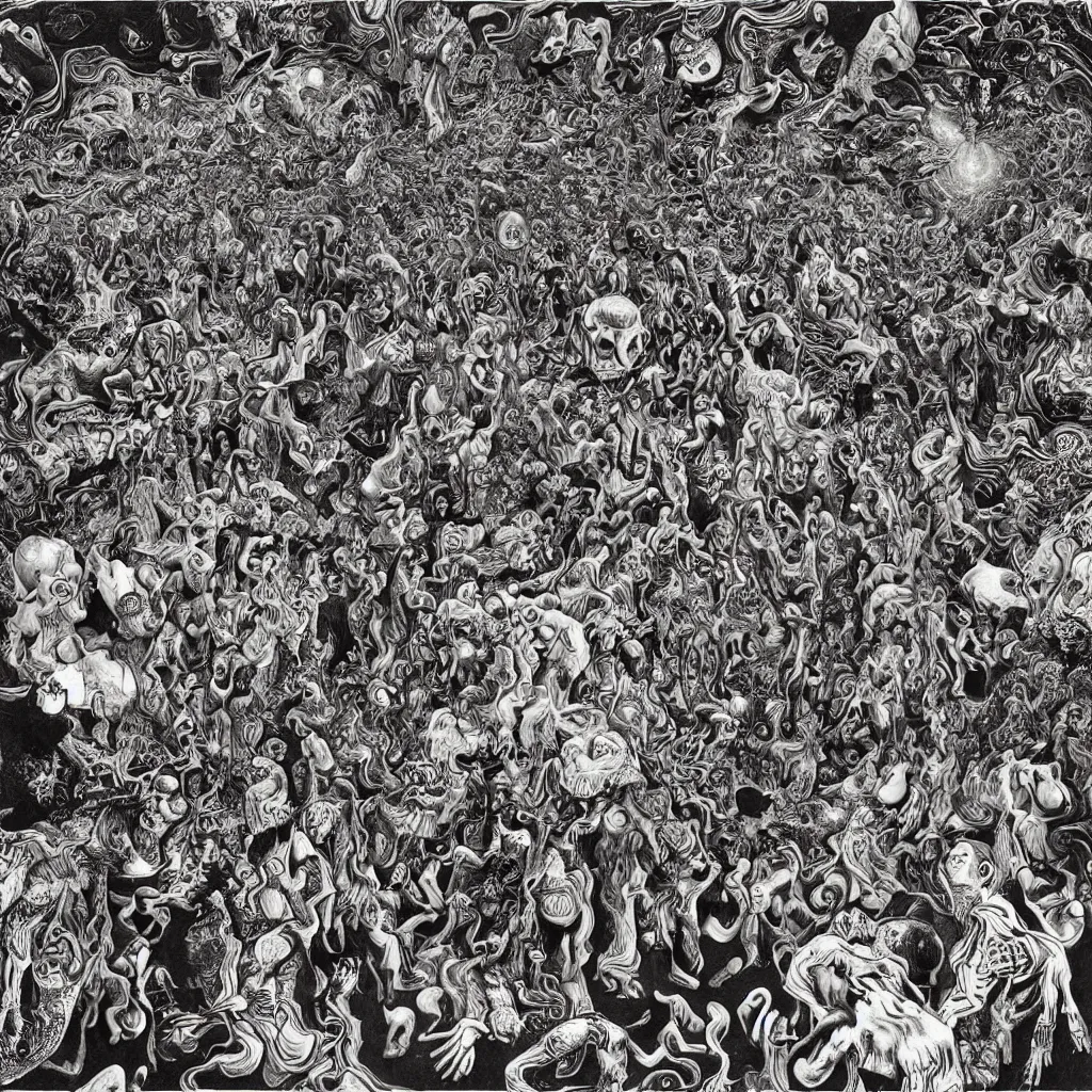 Image similar to intergalactic psychonaut unholy gathering, 4K, by collaboration of M. C. Escher and Salvador Dali and Van Gogh