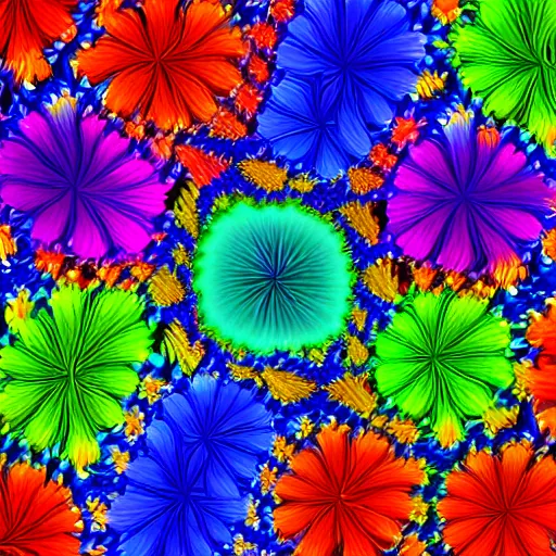 Image similar to a brightly colored painting of very detailed flowers made of elaborate fractals, high resolution, mandelbrot set, chaos, fractal, math, deviantart