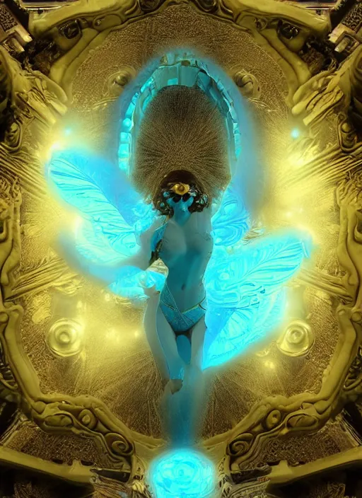 Prompt: flowers within the whole infinite capsule goddess apparent with awe the apparition, an idea seep's into infinity and gives me wings, highly detailed in 4 d volumetric latent space, golden turquoise steampunk, high contrast cinematic light, mystical shadows, sharp focus, divine realm of gods, octane render, artist by boris vallejo,