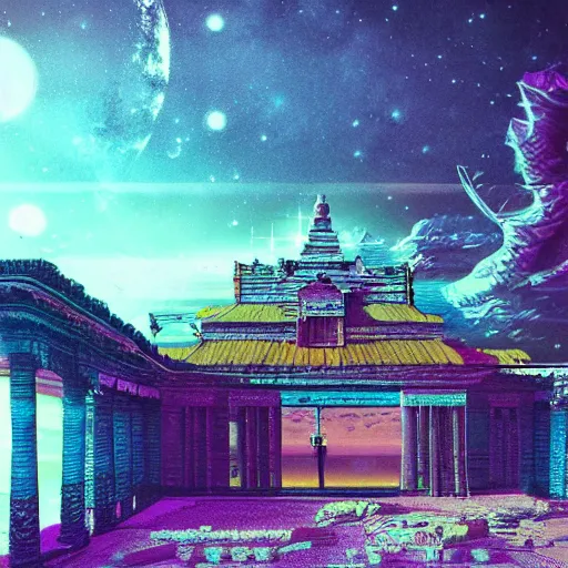 Image similar to ancient palace floating in the space, retrowave epic art, trending on art station