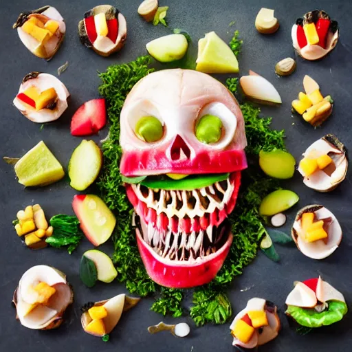 Prompt: food photography of a human teeth salad with lots of human teeth and a pinch of human teeth with a side of human teeth