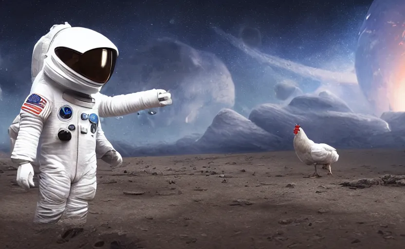 Prompt: a chicken wearing a astronaut suit in a alien planet, profile picture, digital art, concept art, trending on DeviantArt, highly detailed, high quality, 4K, cartoon, high coherence, path traced, blue sky in the background, octane render, digital painting, no helmet, masterpiece
