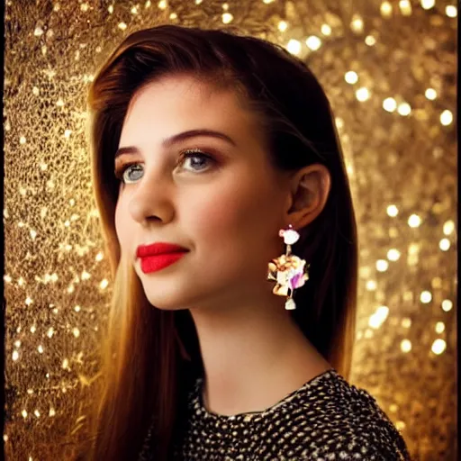 Prompt: a beautiful girl wearing a earring made out of a glowing chandelier-n 9