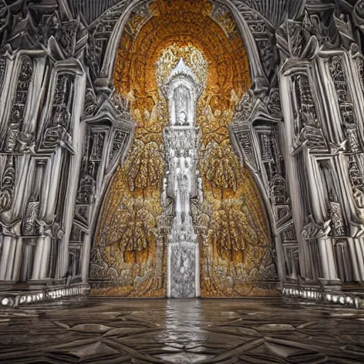 Prompt: a beautiful 3 d octane render of a massive sprawling fractal cathedral exterior populated by mandelbrot fractals, unreal engine, carved ivory, white, volumetric lighting, hyperrealistic, sharp, glowing, carved marble, opalescent, carved soap, neon, sacred geometry, religious, angelic, catholicpunk, photorealism, 8 k, ultra detailed