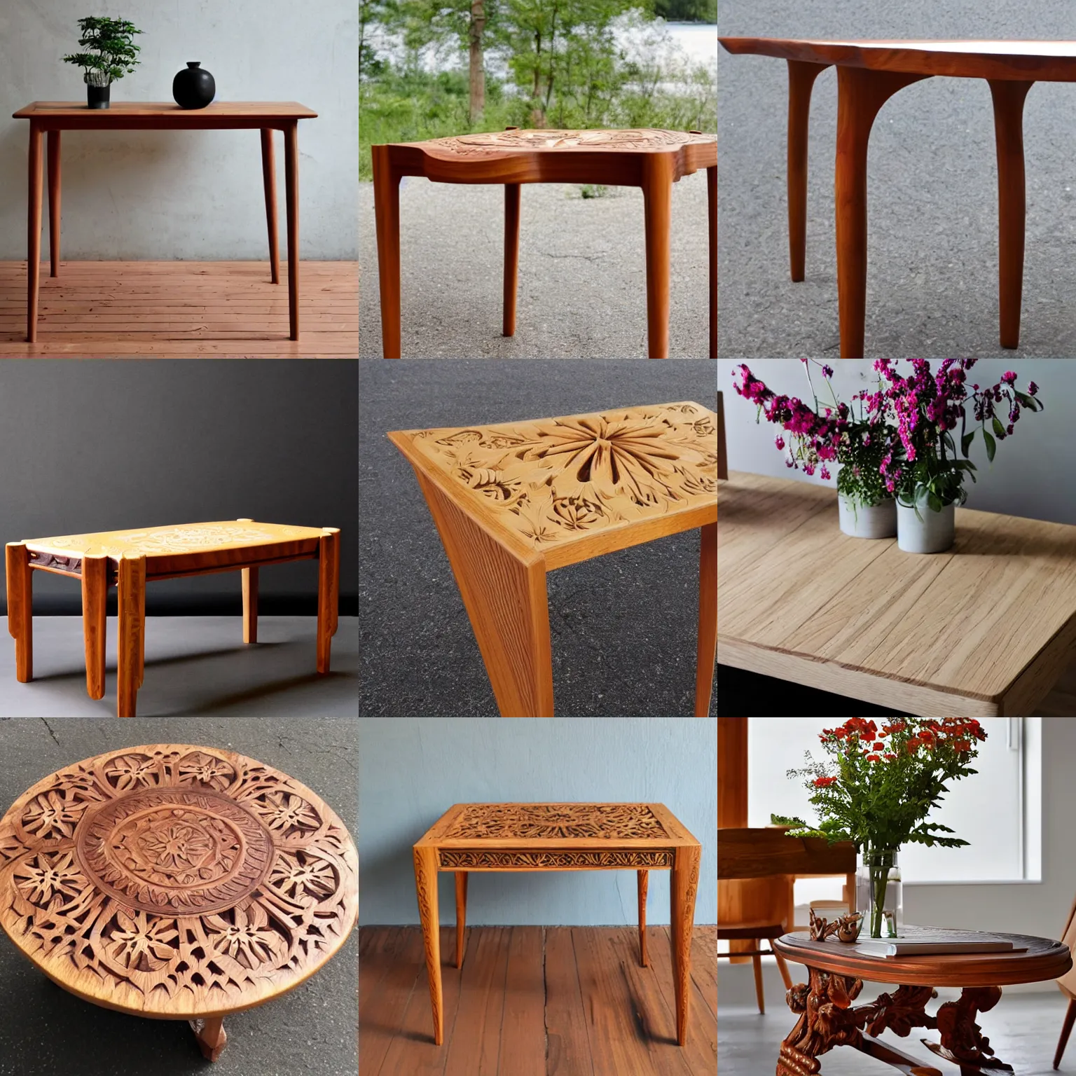 Prompt: norwegian design furniture of a wood table with flower carved wood