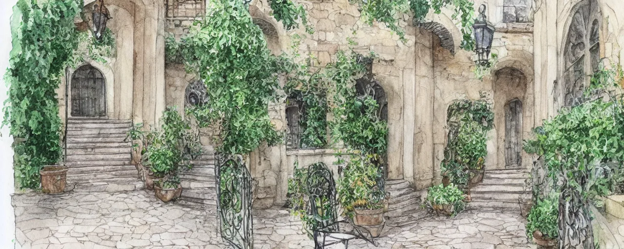 Prompt: courtyard walkway, castle, stairway, chairs, wrought iron, gate, tree, delicate, botanic garden, garden road, botanical herbarium paper, watercolor colored painting, iridescent colors, 8 k, realistic shaded, fine details, artstation, italian style, colonnade, huge flower