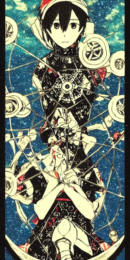 Image similar to Wheel of Fortune tarot card by Koyoharu Gotouge. clean, sharp lines,