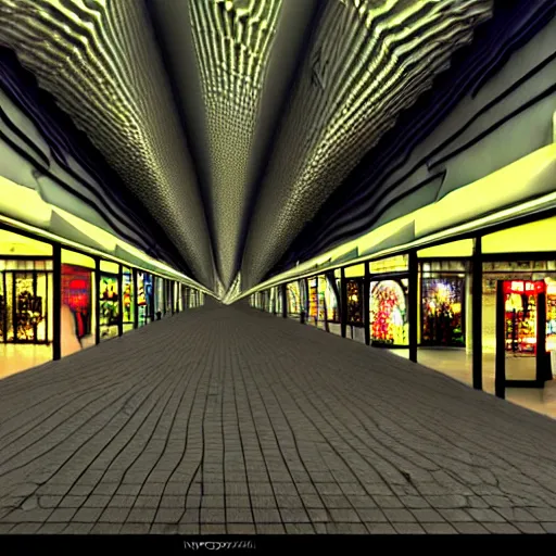 Image similar to hyperrealism photography computer simulation visualisation of parallel universe mall in surreal scene from art house movie from nefuturistic sci - fi setting by caravaggio rendered in mandelbulb 4 d