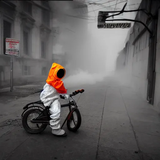 Image similar to a photo of a boy wearing a hazmat suit, riding a bike, side-view, smoke in the background, filthy streets, broken cars. Vines growing. Jpeg artifacts. Full-color photo. Color color color color color. Award-winning photo. Samyang/Rokinon Xeen 50mm T1.5