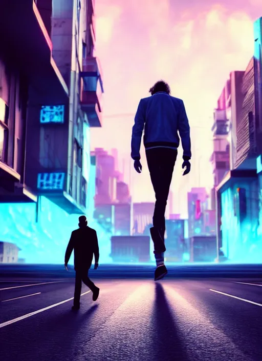 Prompt: a man walks happily down the street with his head on fire in a futuristic cyberpunk city, the sky is a turquoise blue with beautiful white fluffy clouds, hyper realism volumetric lighting