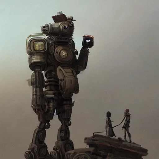 Prompt: a highly detailed epic cinematic concept art CG render digital painting artwork: dieselpunk Soviet smoking robot fused with a man. By Greg Rutkowski, Ilya Kuvshinov, WLOP, Stanley Artgerm Lau, Ruan Jia and Fenghua Zhong, trending on ArtStation, subtle muted cinematic colors, made in Maya, Blender and Photoshop, octane render, excellent composition, cinematic atmosphere, dynamic dramatic cinematic lighting, precise correct anatomy, aesthetic, very inspirational, arthouse