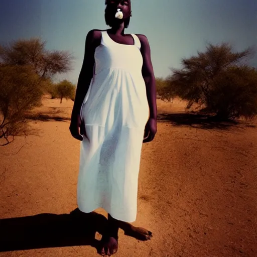 Image similar to african woman in the desert with a white dress photographed by neil krug