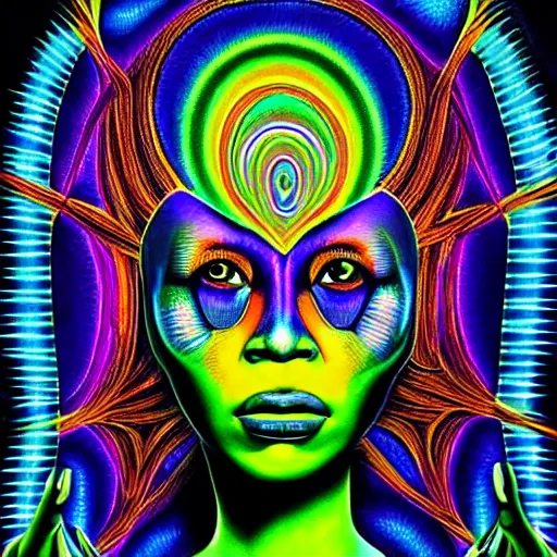 Prompt: an 8k resolution oil on canvas blacklight poster of an african queens 3rd eye activating in a surreal portrait style, by alex grey, fractal art, highly detailed eyes