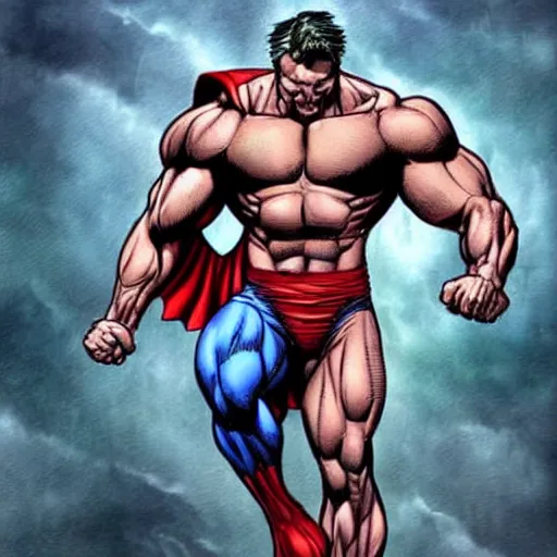 Image similar to superhero flying, muscles body, anatomically correct, abs, hyper realistic, style of jim lee