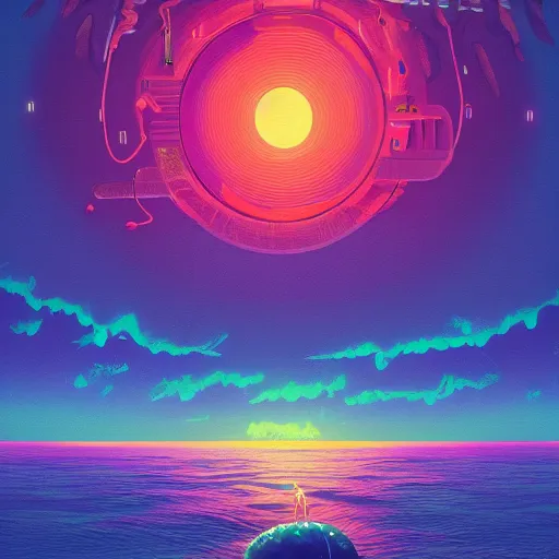 Image similar to neon sunset landscape ocean album cover, cartoon digital painting, detailed, beautiful brush stroke rendering, by beeple, by hayao miyazaki, by takashi murakami, by masahiro ito, 4 k wallpaper