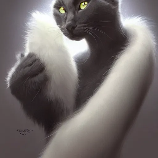 Image similar to a big bored dark gray cat with white belly, white paws and white face markings with long fur and fluffy tail sitting, intricate, elegant, highly detailed, digital painting, artstation, concept art, matte, sharp focus, illustration, art by Artgerm and Greg Rutkowski and Alphonse Mucha
