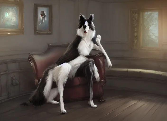 Image similar to wide angle beautiful full body portrait of a strong male anthropomorphic anthro border collie fursona in a suit sitting in a parlor room, character design by charlie bowater, henry asencio, and ross tran, disney, scenic background, detailed, aesthetic, trending on artstation, furaffinity, deviantart