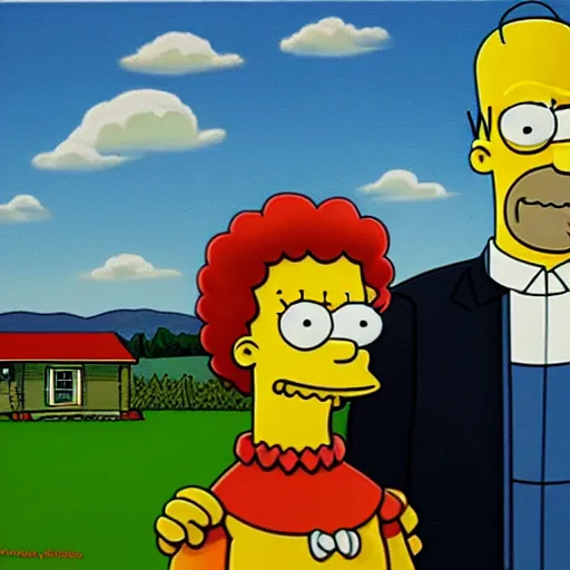 Image similar to the simpsons in the style of American Gothic, detailed painting