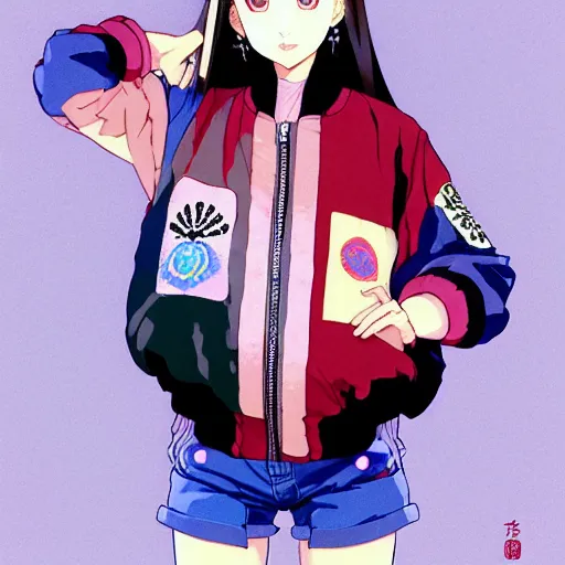 Image similar to a beautiful japanese natalie portman gravure model, wearing oversized native designer bomber jacket and leotard with overalls, bulky poofy bomber jacket with mesoamerican patterns, mesoamerican native street fashion, gapmoe yandere grimdark, trending on pixiv fanbox, painted by greg rutkowski makoto shinkai takashi takeuchi studio ghibli, akihiko yoshida