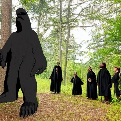 Image similar to black robed group of occultist worshipping a bigfoot statue