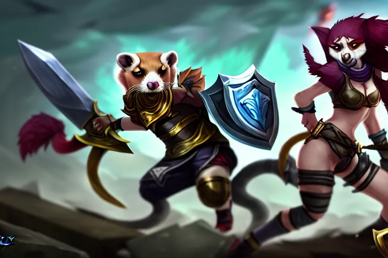 Prompt: a fierce and violent ferret boy furry with a sword and shield leaps into the fray. league of legends splash art