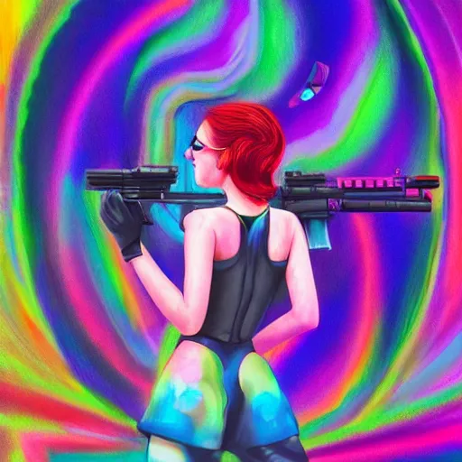 Image similar to Emma Stone with gun swimming in chromatic distortions in misty mysterious place, beautiful, psychedelic, lsd, trending on artstation, omnious, soft, artwork by Tran, Ross