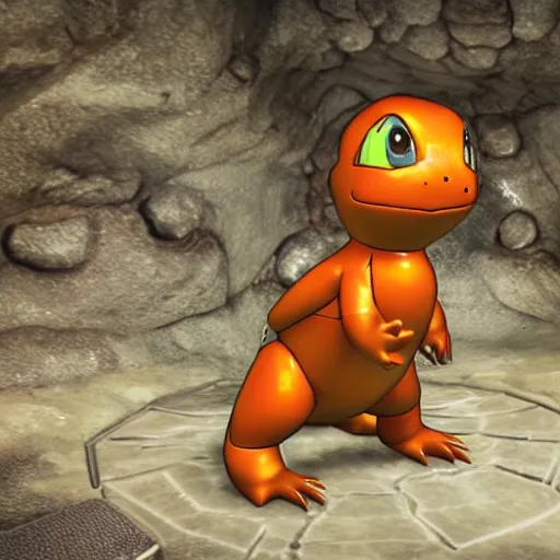 Image similar to cybertronic metallic Charmander, in a cave, unreal engine