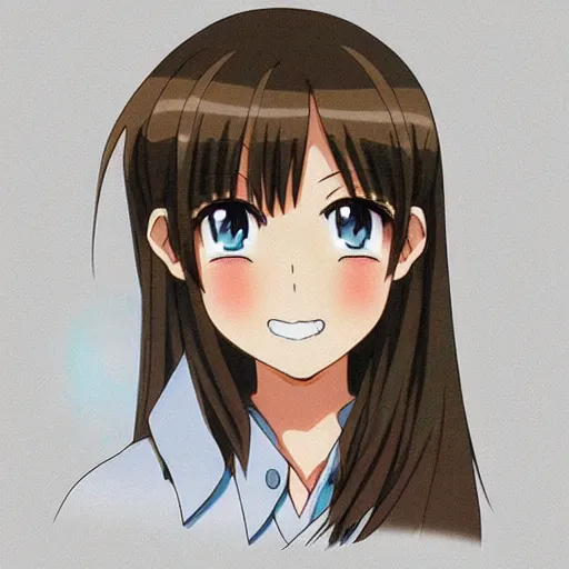 Prompt: A medium shot anime portrait of a happy light brown-haired brunette anime woman with blue eyes, a single short ponytail, parted light brown hair, bare forehead, blue-eyed, bright blue eyes, big bold thick eye brows, thick jawline, uniform teeth, big lips, round face, big round nose, closed lips, wearing a t-shirt, solid blue background, by Stanley Artgerm Lau, WLOP, Rossdraws, James Jean, Andrei Riabovitchev, Marc Simonetti, and Sakimi chan, trending on artstation