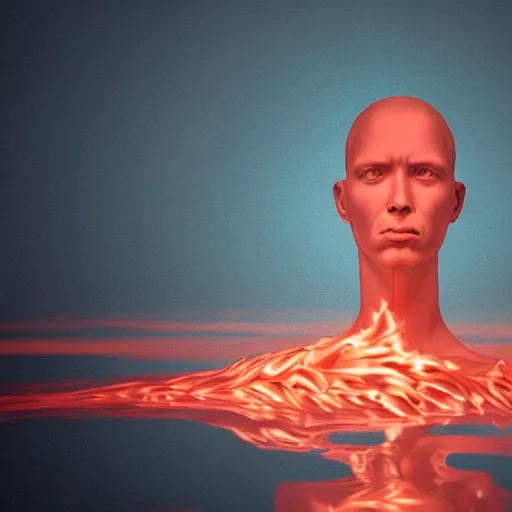Image similar to a sculpture made of flame in the shape of a human head, on the ocean water, water manipulation photoshop, cgsociety, cinematic, in the style of johnson tsang, long shot, hyper detailed, hyper realistic, ray tracing, 8 k resolution, sharp focus, realistic water, award winning