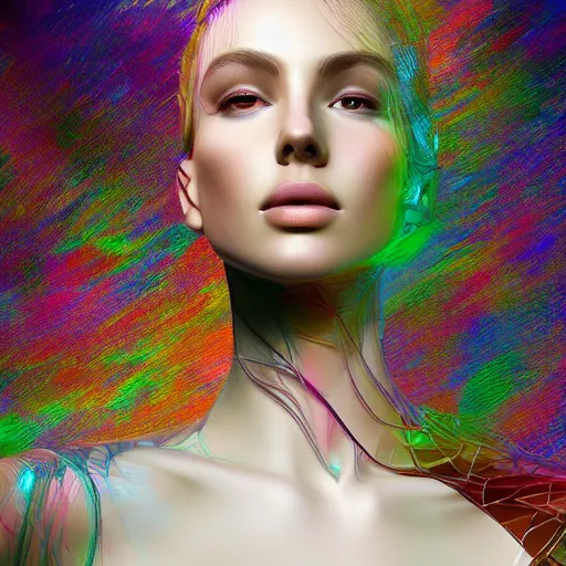 Image similar to a highly detailed digital image of an elegantly posed futuristic woman beautifully intertwined in chromatic liquid like leaves, by Andrew Chiampo, artstation, and Frederik Heyman, extremely detailed woman, stunning volumetric lighting, hyper realism, fantasy 4k