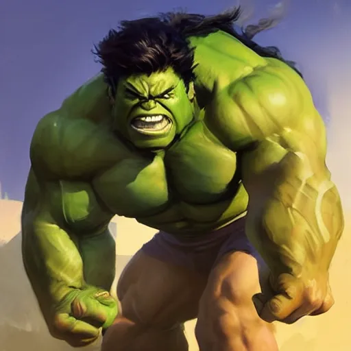 Image similar to Greg Manchess portrait painting of the Hulk as Overwatch character, medium shot, asymmetrical, profile picture, Organic Painting, sunny day, Matte Painting, bold shapes, hard edges, street art, trending on artstation, by Huang Guangjian and Gil Elvgren and Sachin Teng