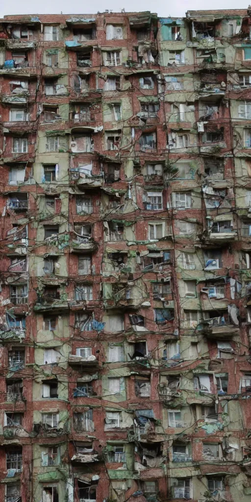 Prompt: Photo of Soviet apartment building, slums, tangled wires