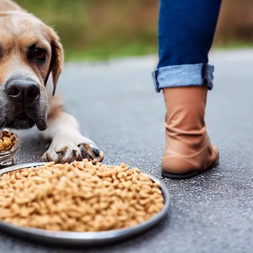 Prompt: dog with a human leg being fed wheat snacks