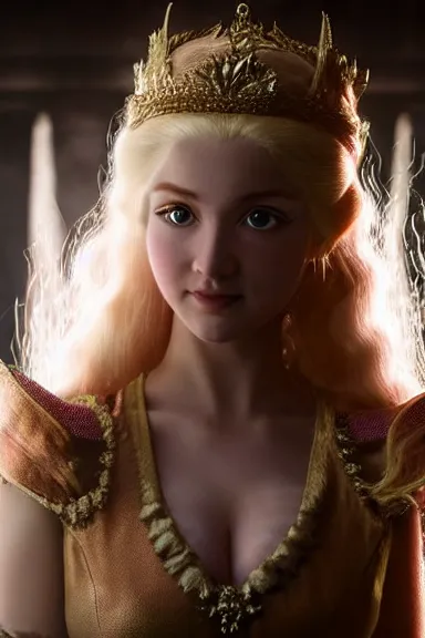 Image similar to very very intricate photorealistic photo of a realistic human version of princess peach in an episode of game of thrones, photo is in focus with detailed atmospheric lighting, award - winning details