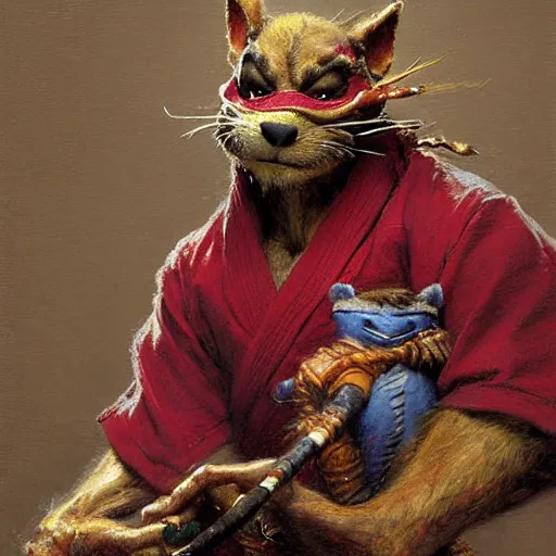 Image similar to a portrait of a furry splinter from tmnt wearing a red kimono, hairy, furry body, furry arms, feet, tail. highly detailed painting by gaston bussiere, craig mullins, j. c. leyendecker, furry