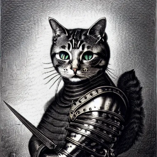 Image similar to engraving portrait of humanoid cat in medieval armoury by gustave dore. trending on deviant art, street art, chillwave, maximalist, full of color, glittering, 8 k, hd