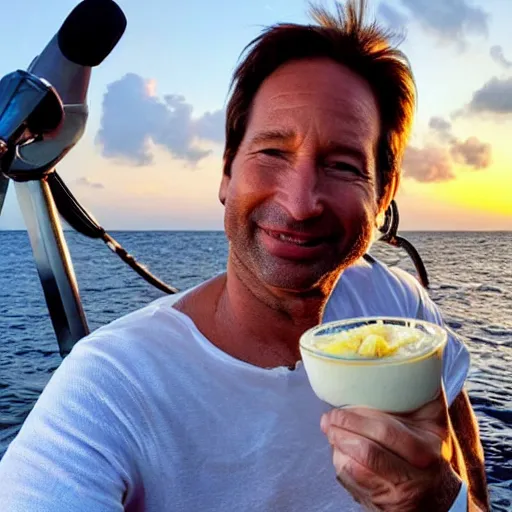 Image similar to photo of david duchovny eating soft shell crab on a yacht in the bahamas at sunset