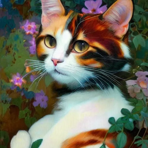 Image similar to painting of a calico cat!!!!!!, calico cat, animal, cat masterpiece, sakimichan!!!!!, Ross Tran, (((Alphonse Mucha)))