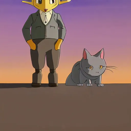 Image similar to a study of cell shaded cartoon of a mechanized grey cat from howl's moving castle ( 2 0 0 4 ), in front of pyramids on a desert road, full body, wide shot, very muted colors, post grunge, studio ghibli, laurie greasley, highly detailed, deviantart, art by artgem