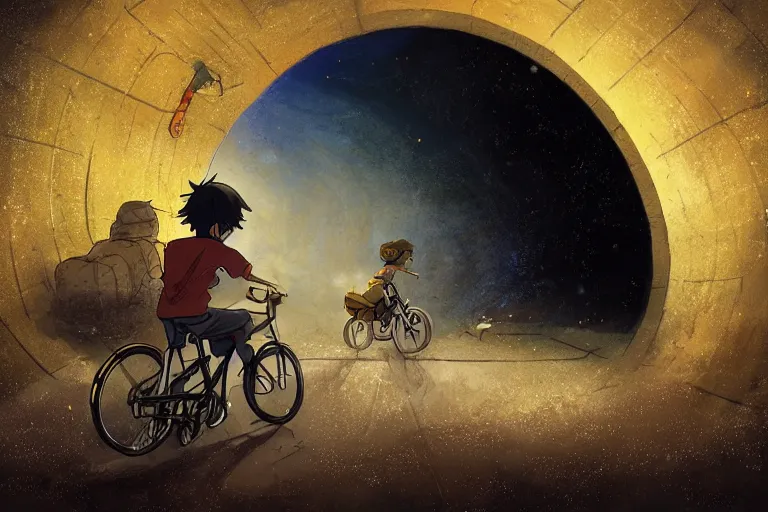 Prompt: a boy riding his bike alone through a tunnel at night sky, high intricate details, rule of thirds, golden ratio, cinematic light, anime style, graphic novel by fiona staples and dustin nguyen, by beaststars and orange, peter elson, alan bean, studio ghibli, makoto shinkai