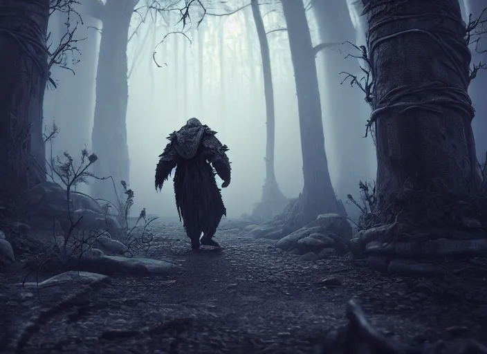 Prompt: character and environment design, ( ( biomechanical ) ) druid walking through a magic portal to another world, infested bear, tattered!!! robe and hood, blue light, fog, scary, arrogant, hostile, photorealistic, cinematic, hyper realistic, octane render, 8 k, wide angle