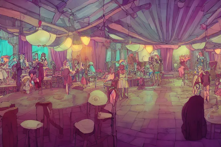 Image similar to interior wide angle shot of a fantasy cabaret in the style of studio ghibli and makoto shinkai, clean lines