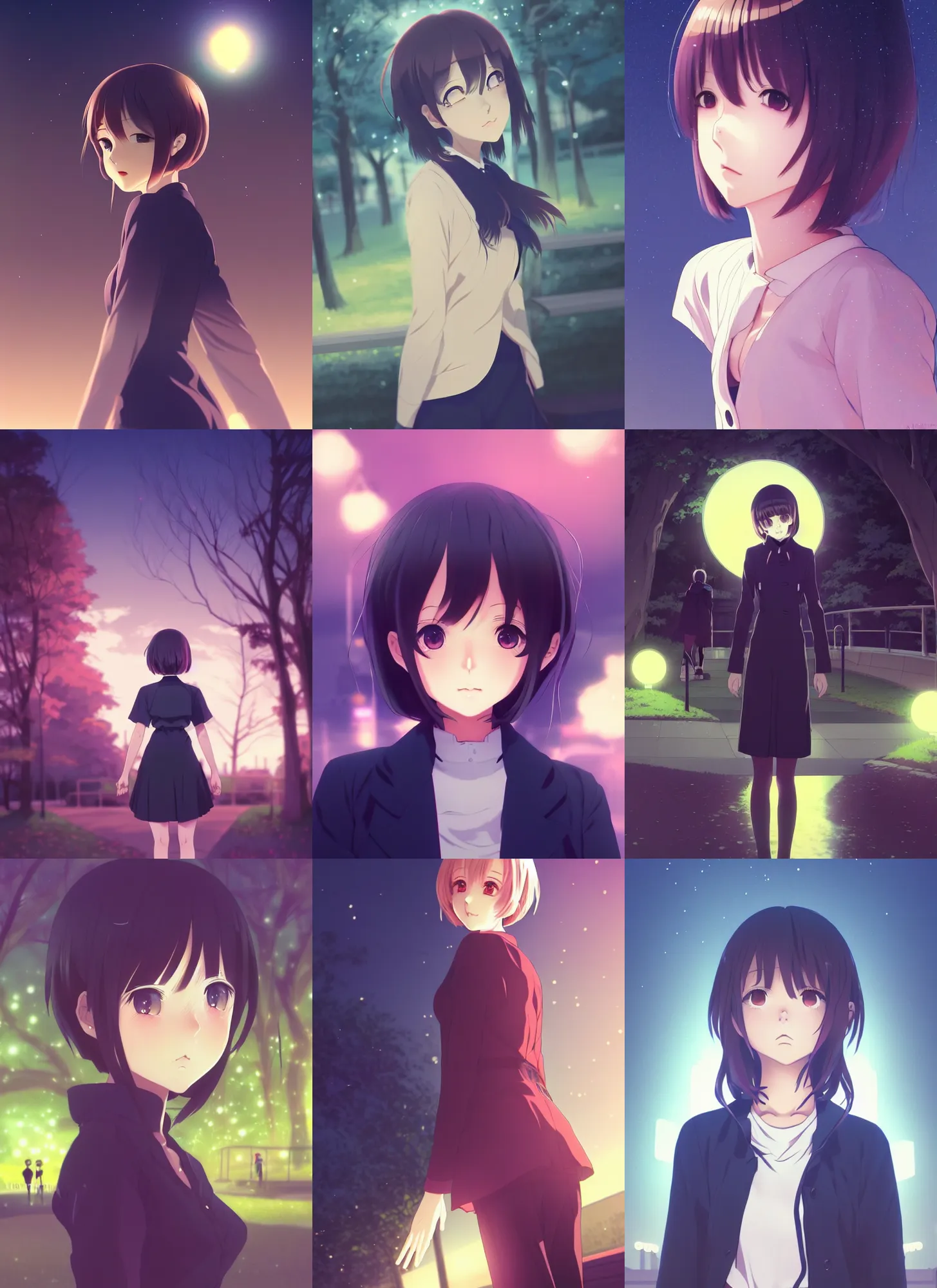 Prompt: anime visual, portrait of a young female at the park at night, low light, cute face by ilya kuvshinov, yoh yoshinari, makoto shinkai, dynamic pose, dynamic perspective, muted colors, cel shaded, flat shading mucha, rounded eyes, moody, detailed facial features, psycho pass