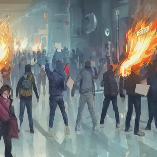 Image similar to protesters holding placards, detailed digital illustration by greg rutkowski, fire, android netrunner