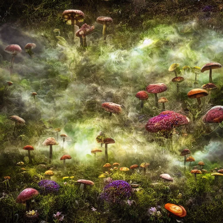 Image similar to a planet of various fungus, mushrooms, flowers and plants, inside the picture is infinity, Atmospheric, artistic photography, conceptual, long exposure outside the city, volumetric light