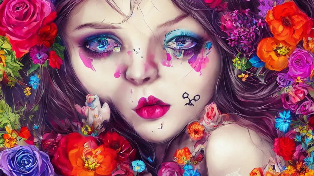 Image similar to stunning colorfull mixed media art, gotic stunning girl, flowers, heart symbol, skulls, art by cgsociety, 8 k, high resolution