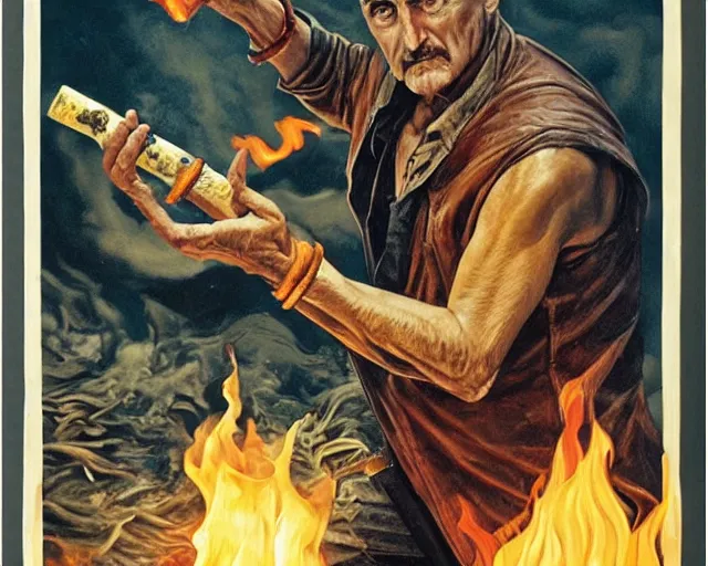 Prompt: dennis hopper as a powerful fire mage casting a flame spell, fantasy art, extremely detailed, high quality, award - winning,