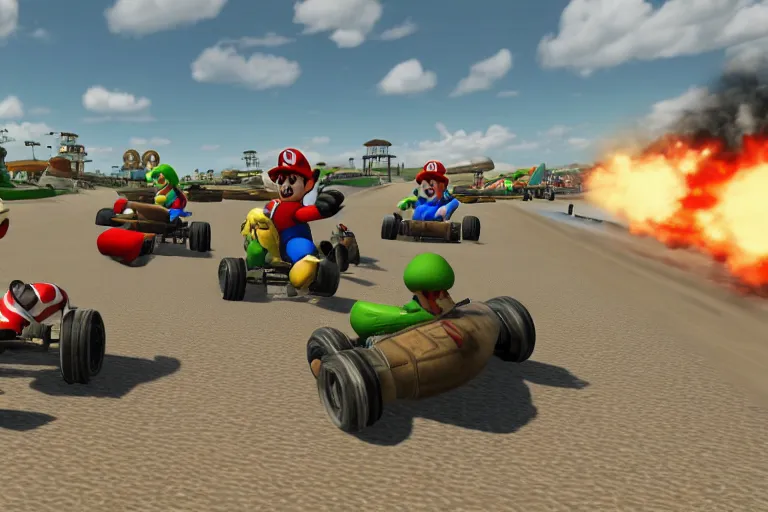 Image similar to mario kart at normandy beach, 1 9 4 5, ingame screenshot, highly detailed